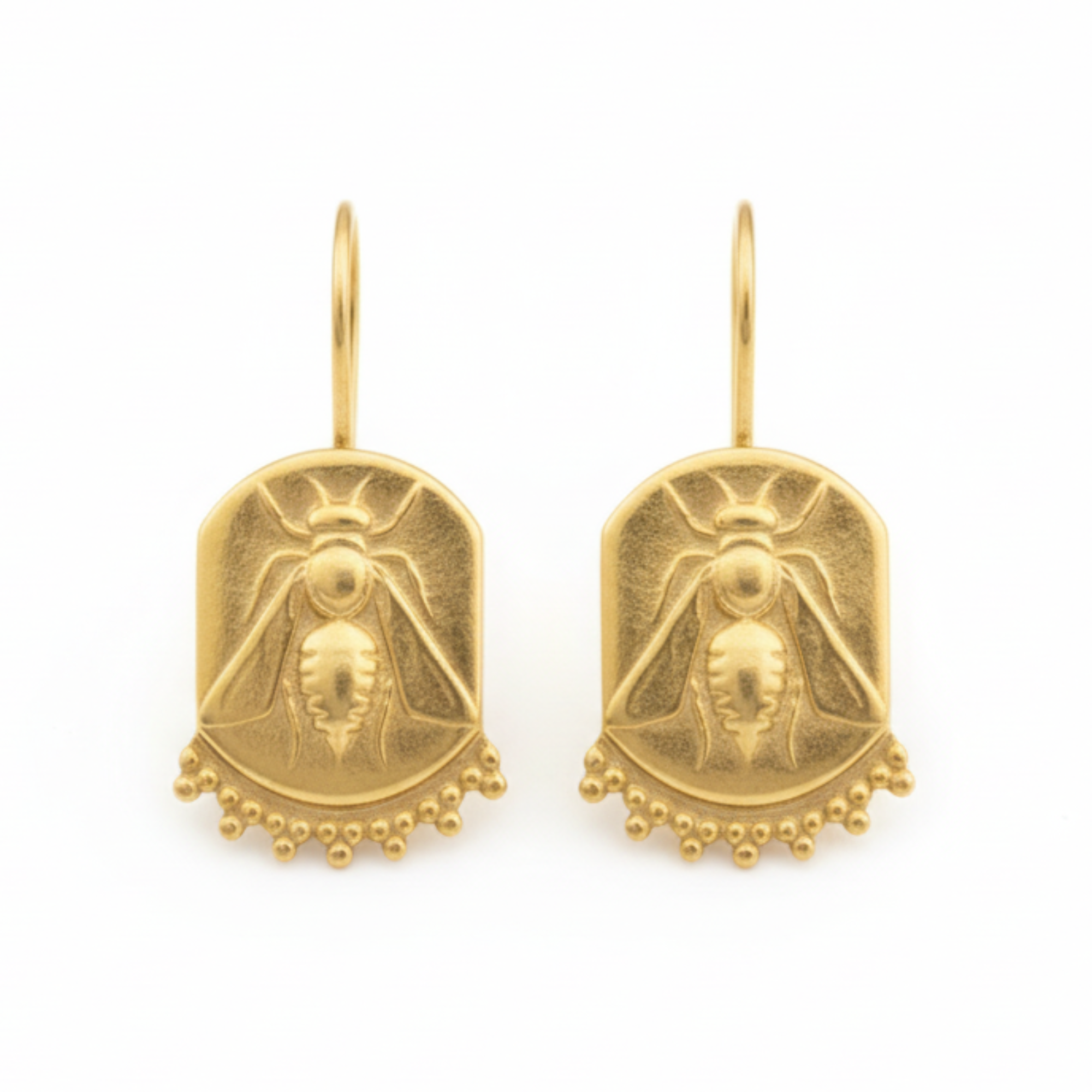 Artisan bee coin earrings 24k gold plating on sterling silver, handmade Turkish jewelry by atelier sultan bodrum
