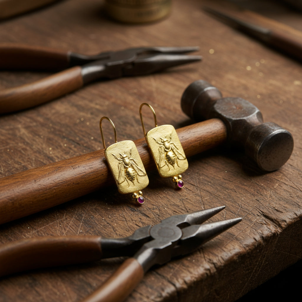 Back view bee coin earrings, artisan craftsmanship detail, Turkish jewelry from Bodrum, 925 silver gold plated
