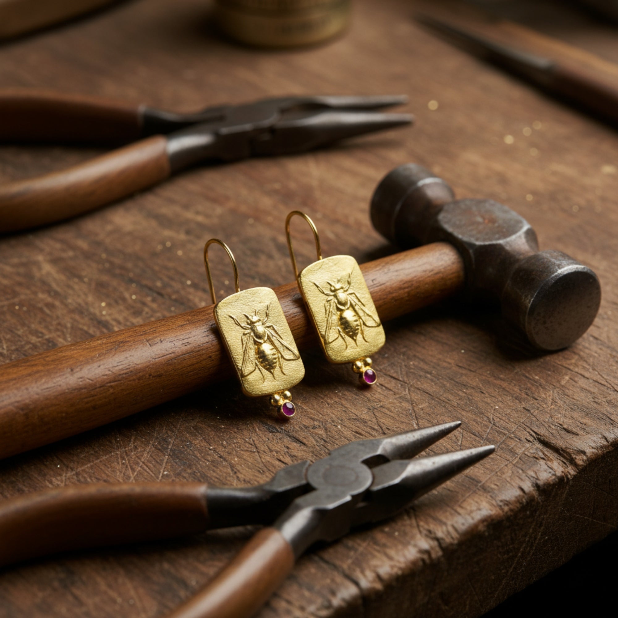 Back view bee coin earrings, artisan craftsmanship detail, Turkish jewelry from Bodrum, 925 silver gold plated
