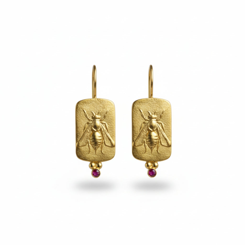 Gold bee coin earrings with red topaz, 925 sterling silver, handcrafted Turkish jewelry by Sultan, Bodrum
