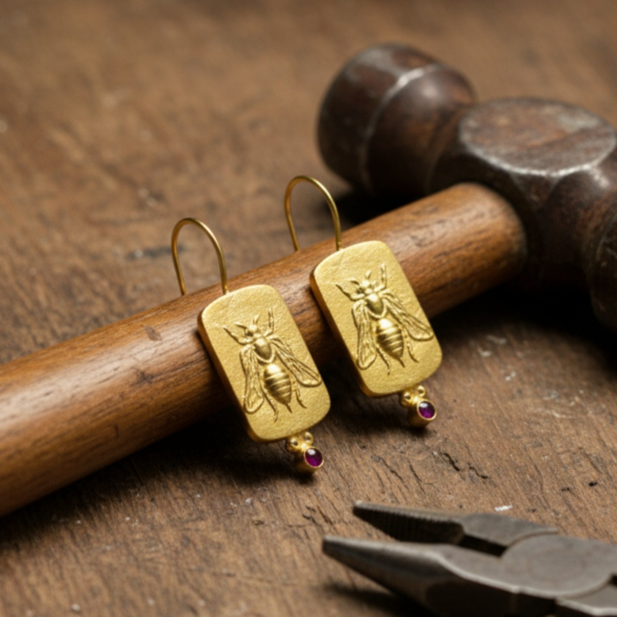 Gold bee earrings with red topaz, symbol of diligence, handcrafted Turkish jewelry, perfect gift for her

