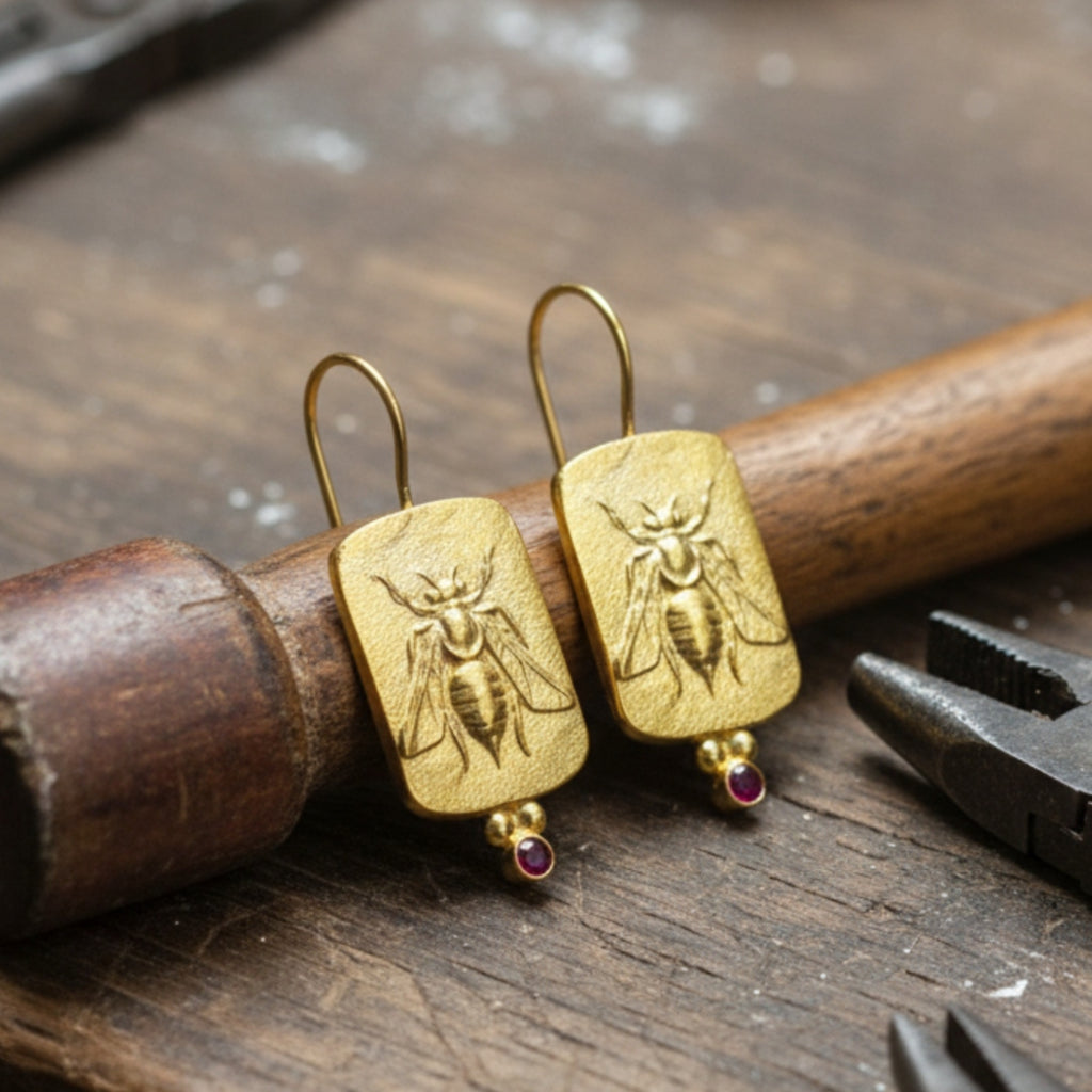 Side view gold bee earrings, hook closure, coin medallion design, handmade 925 silver Turkish jewelry
