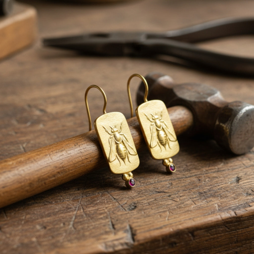 Bee coin earrings with red topaz on model, ancient-inspired artisan jewelry by Sultan Yılmaz, Bodrum atelier
