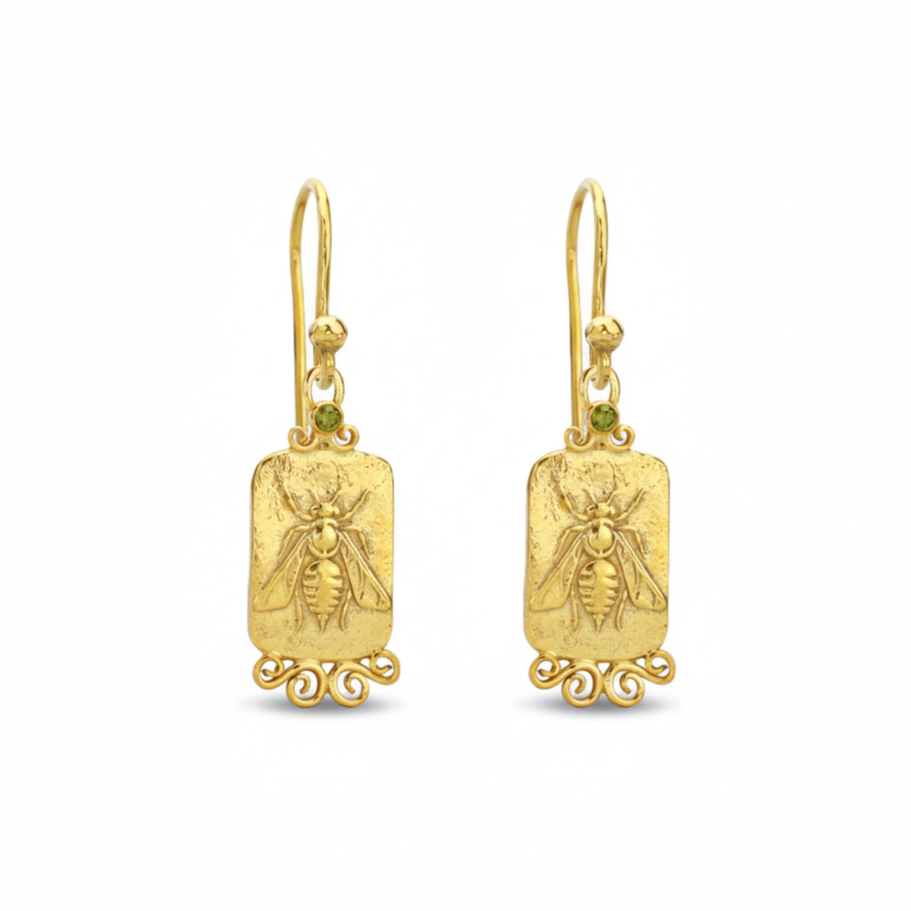 Handmade gold bee peridot earrings by Sultan, 925 sterling silver with ancient Roman inspired design, symbol of vitality and diligence
