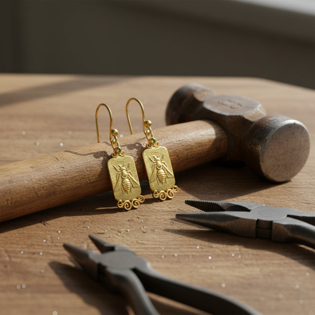 Gold bee peridot earrings on model, 925 silver jewelry with ancient motif, perfect gift for women who love unique designer pieces
