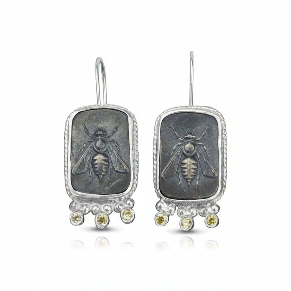 Handmade oxidized bee topaz earrings by Sultan, 925 sterling silver with ancient Roman inspired design, symbol of vitality and diligence
