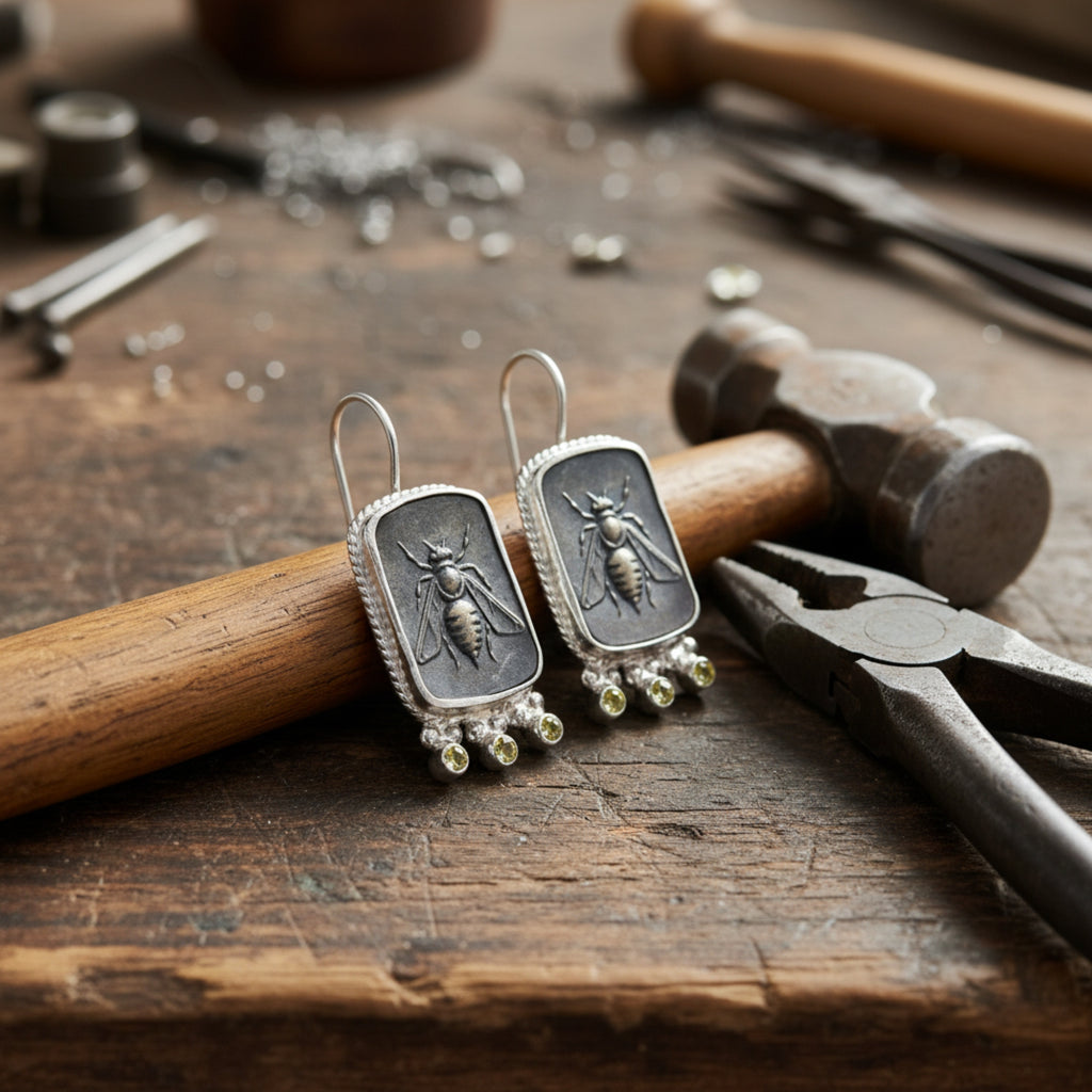 Oxidized bee earrings on model, 925 silver jewelry with ancient motif, perfect gift for women who love unique designer pieces
