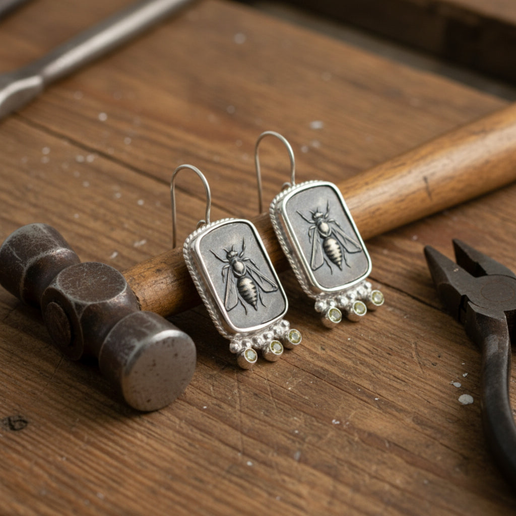 Designer oxidized bee earrings with canary topaz inspired by ancient civilizations, handcrafted 925 silver jewelry from Bodrum workshop
