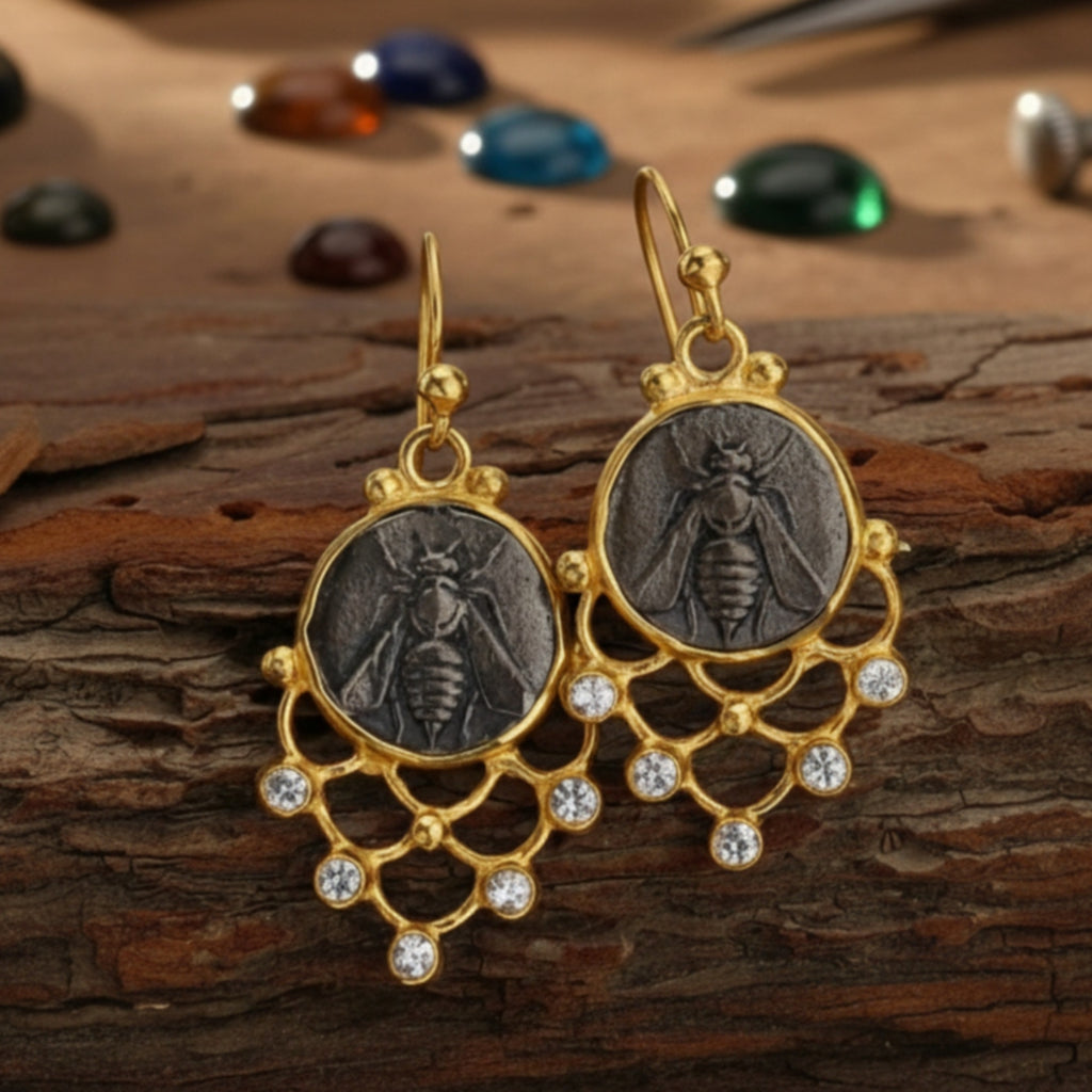 Gold bee coin earrings on model, 925 silver jewelry with ancient motif, perfect gift for women who love unique designer pieces
