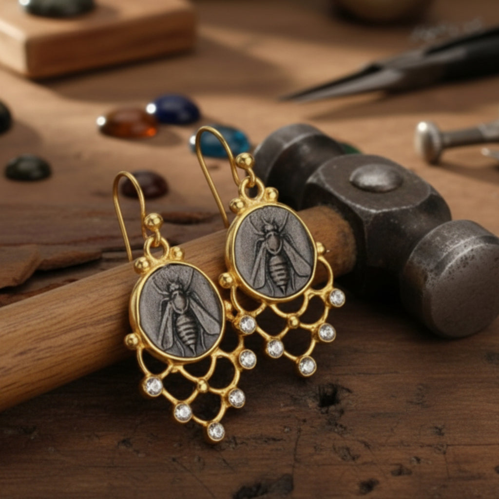Artisan bee coin earring detail showing hammered texture and gold plating on sterling silver, handmade Turkish jewelry
