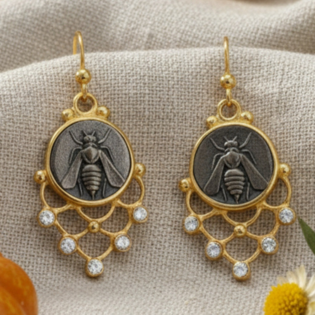 Designer gold bee earrings inspired by ancient civilizations, handcrafted 925 silver jewelry from Bodrum workshop
