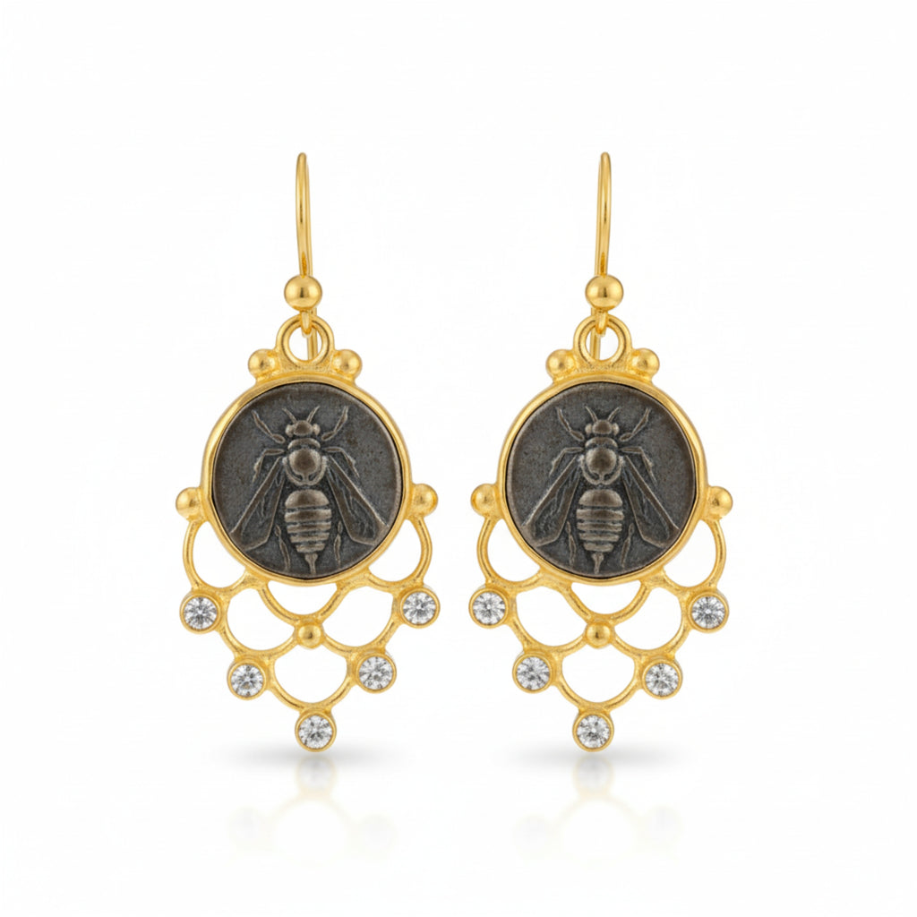 Handmade gold bee coin earrings by Sultan, 925 sterling silver with ancient Roman inspired design, symbol of diligence and prosperity
