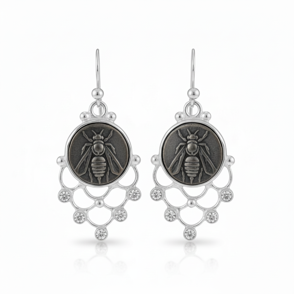 US Duties Incl: Turkish Bee Coin Earrings 925 Silver, Handmade by Sultan, Perfect Gift