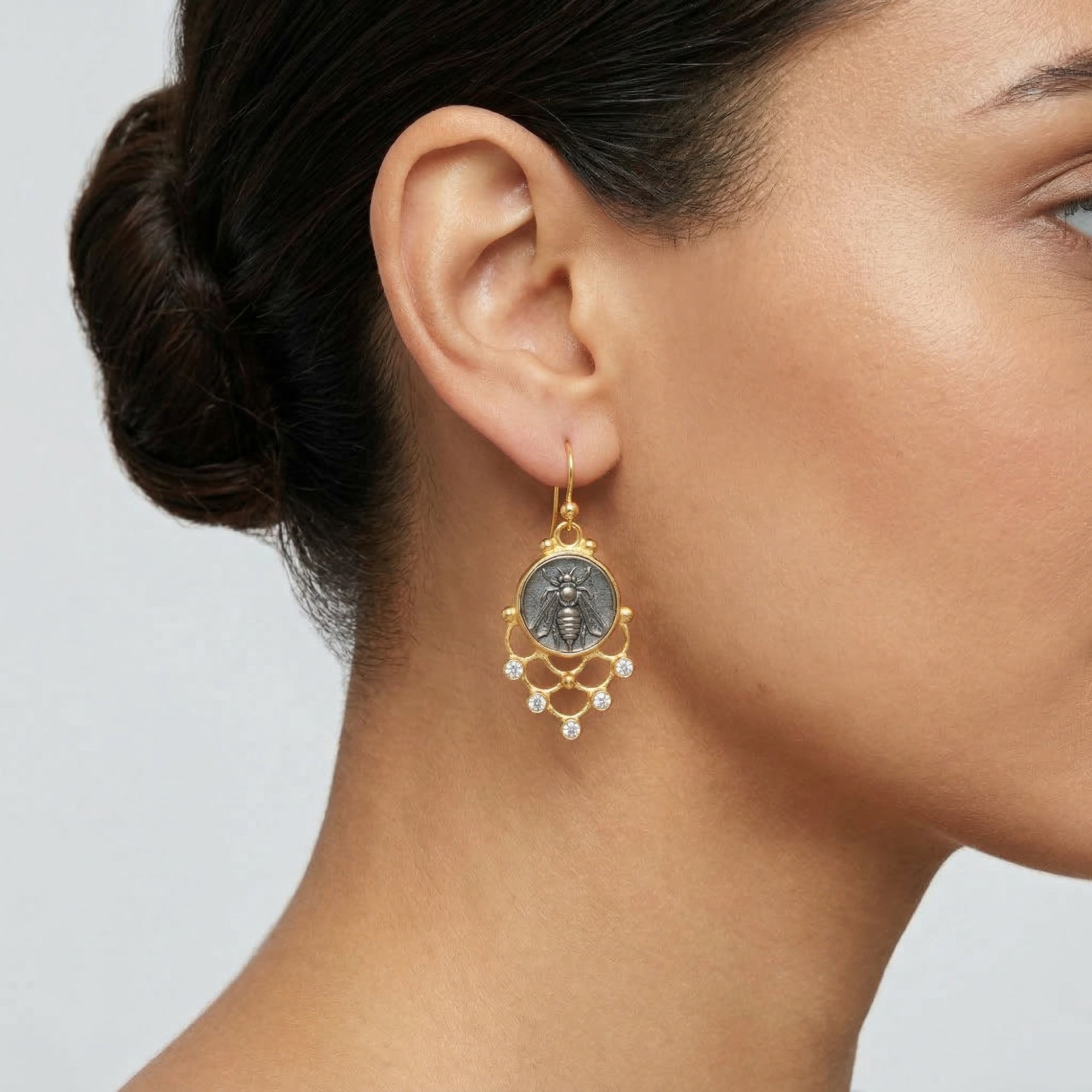 Handmade gold bee coin earrings by Sultan, 925 sterling silver with ancient Roman inspired design, symbol of diligence and prosperity