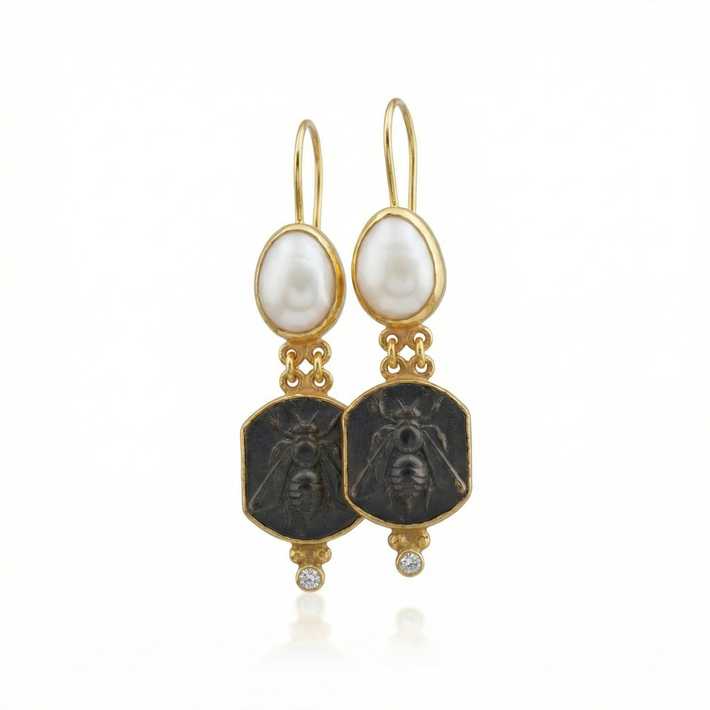 Handmade gold bee coin pearl earrings by Sultan, 925 sterling silver with freshwater pearls and ancient Roman design, symbol of abundance
