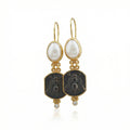 Handmade gold bee coin pearl earrings by Sultan, 925 sterling silver with freshwater pearls and ancient Roman design, symbol of abundance
