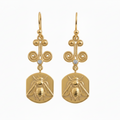 Handmade gold bee coin earrings by Sultan, 925 sterling silver with ancient Roman inspired design, symbol of abundance and prosperity