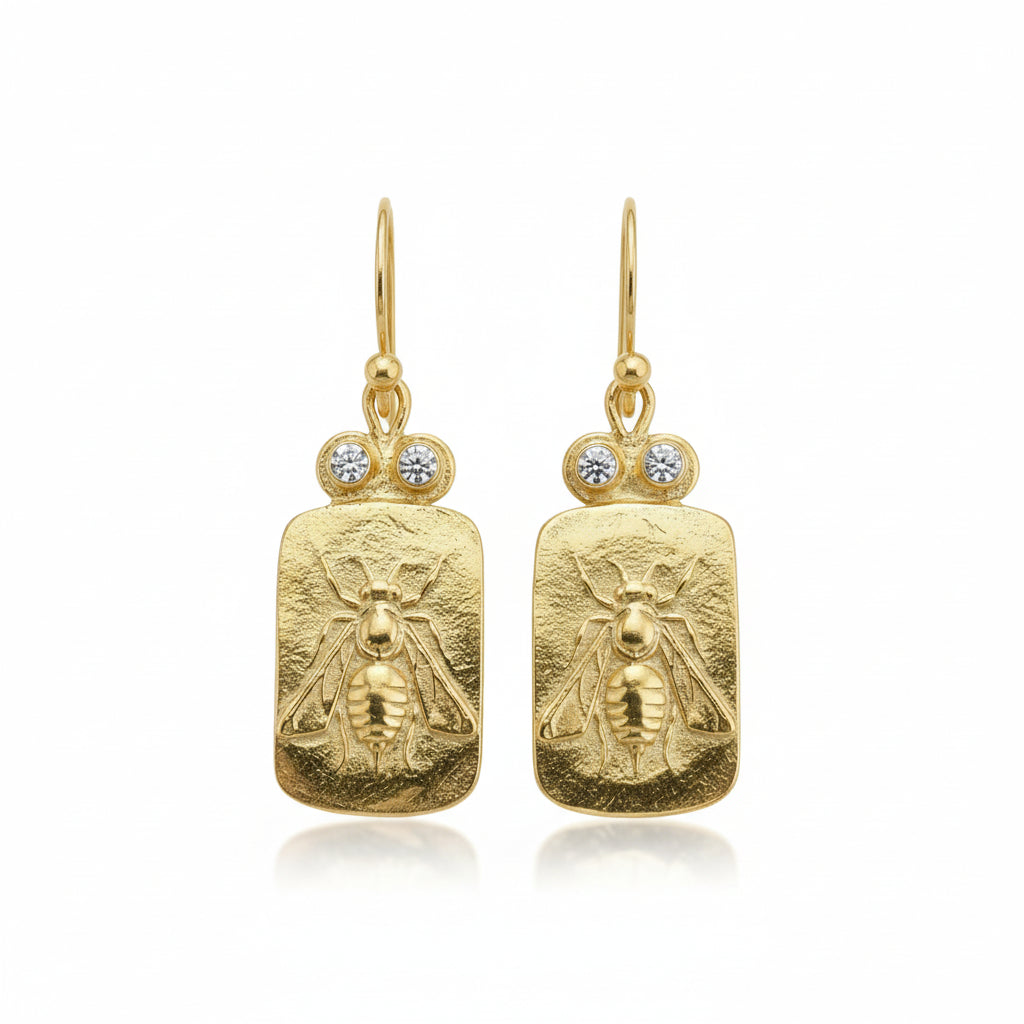 Handmade gold bee coin earrings by Sultan, 925 sterling silver with ancient Roman inspired design, symbol of prosperity and diligence
