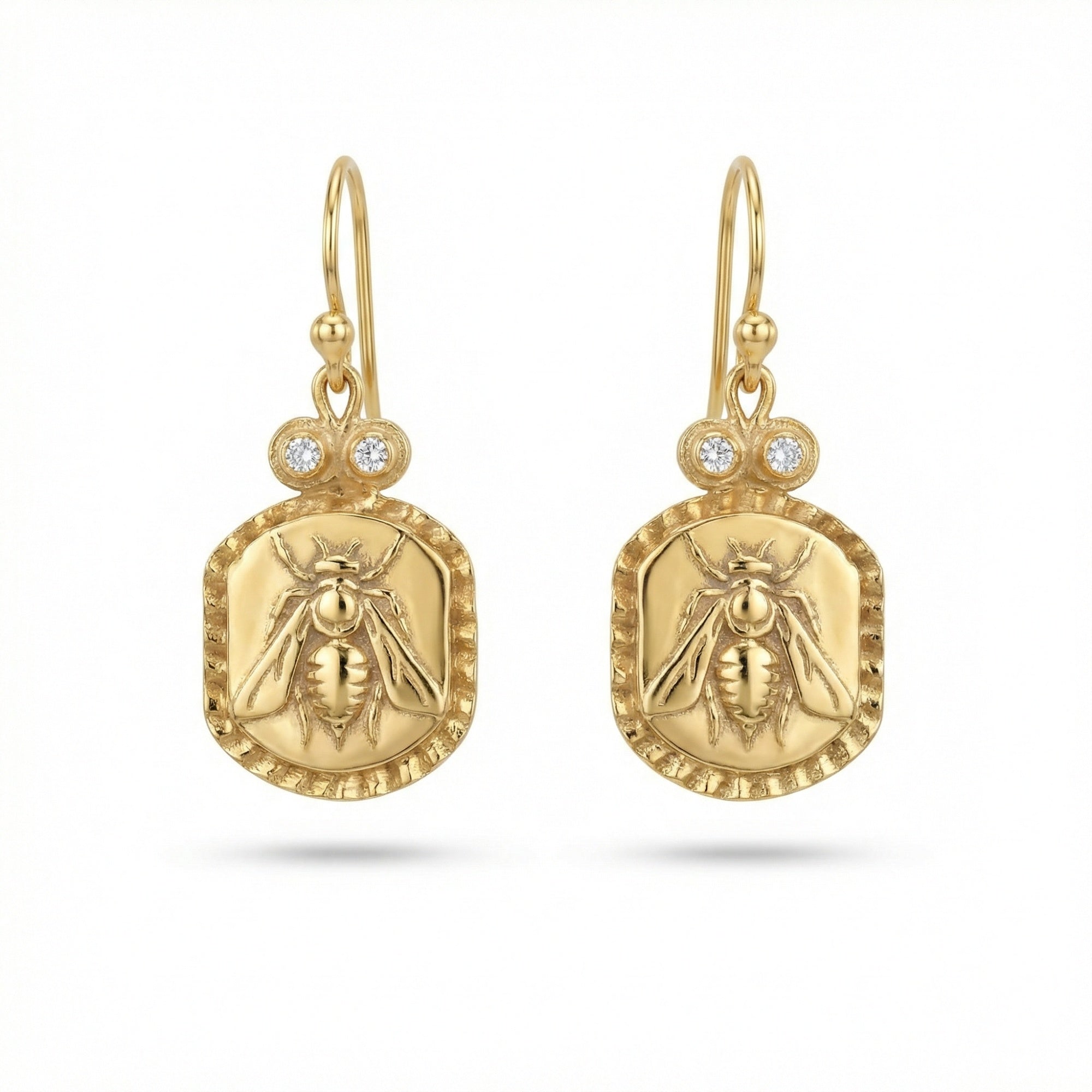Handmade gold bee white topaz earrings by Sultan, 925 sterling silver with ancient Roman inspired design, symbol of clarity and diligence

