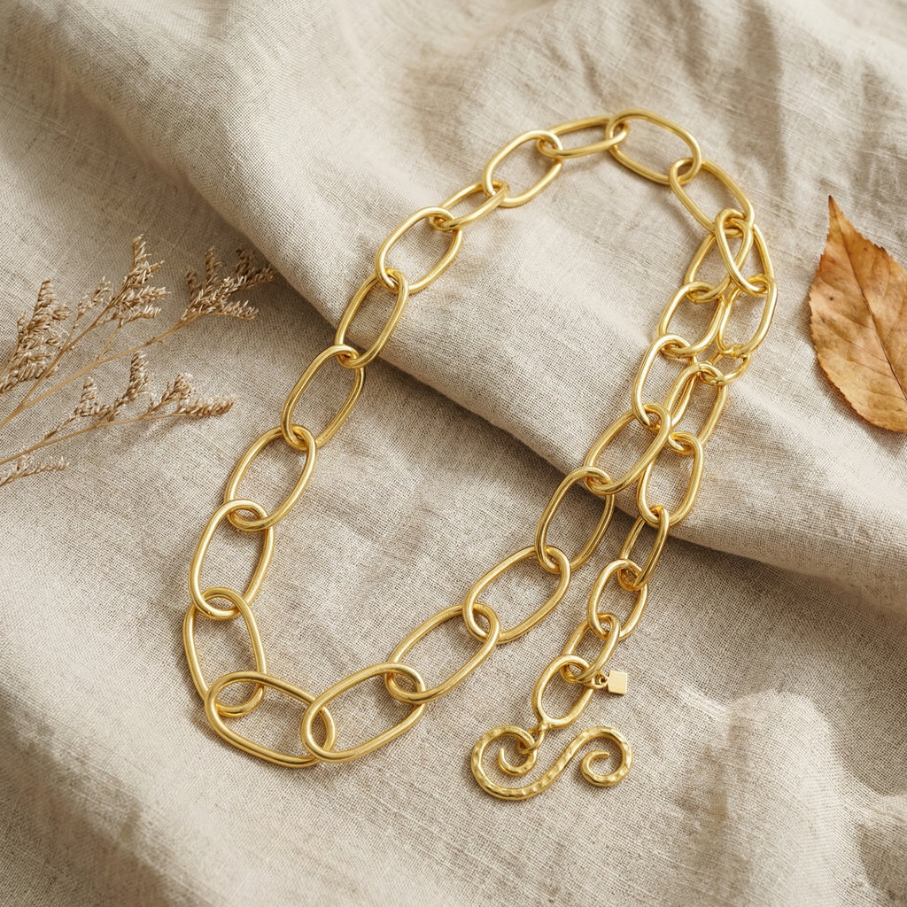 Yellow gold plated oval link chain necklace, 925 silver with 24k gold, ancient handmade jewelry gift for her by Sultan Bodrum atelier