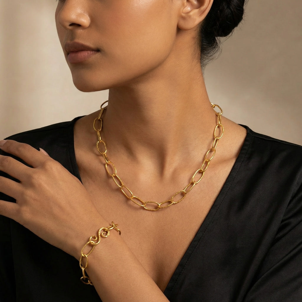  Gold plated oval link chain necklace close-up, 925 silver Turkish artisan jewelry with ancient-inspired design by Sultan