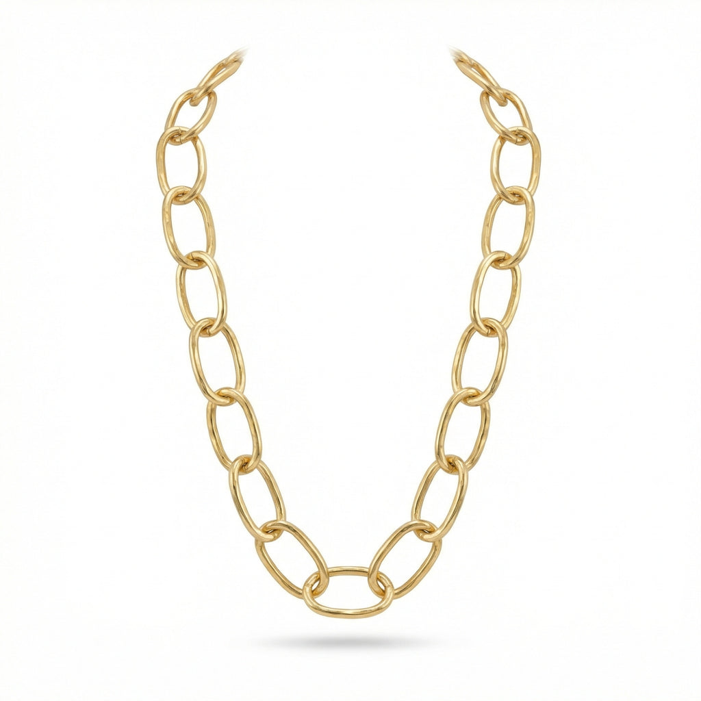 Turkish heavy link gold chain necklace in 925 sterling silver with 24k gold plating, ancient oval link design by artisan Sultan, handmade Bodrum jewelry