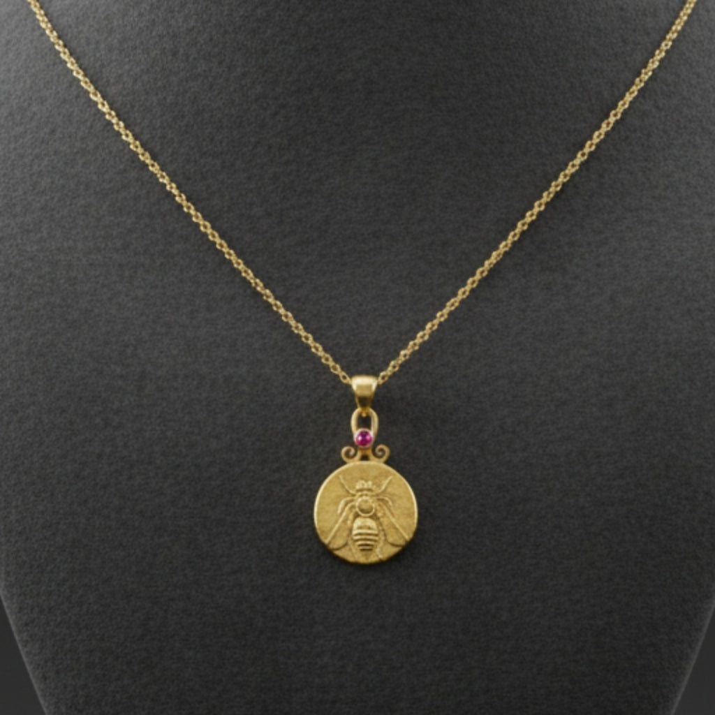 925 sterling silver bee necklace with red topaz - symbol of passion women's jewelry by designer Sultan