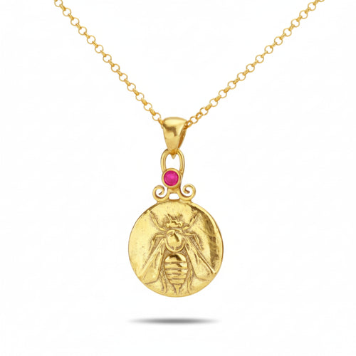 Gold bee necklace with red topaz handcrafted by Sultan Yılmaz in Bodrum - 925 sterling silver Turkish jewelry