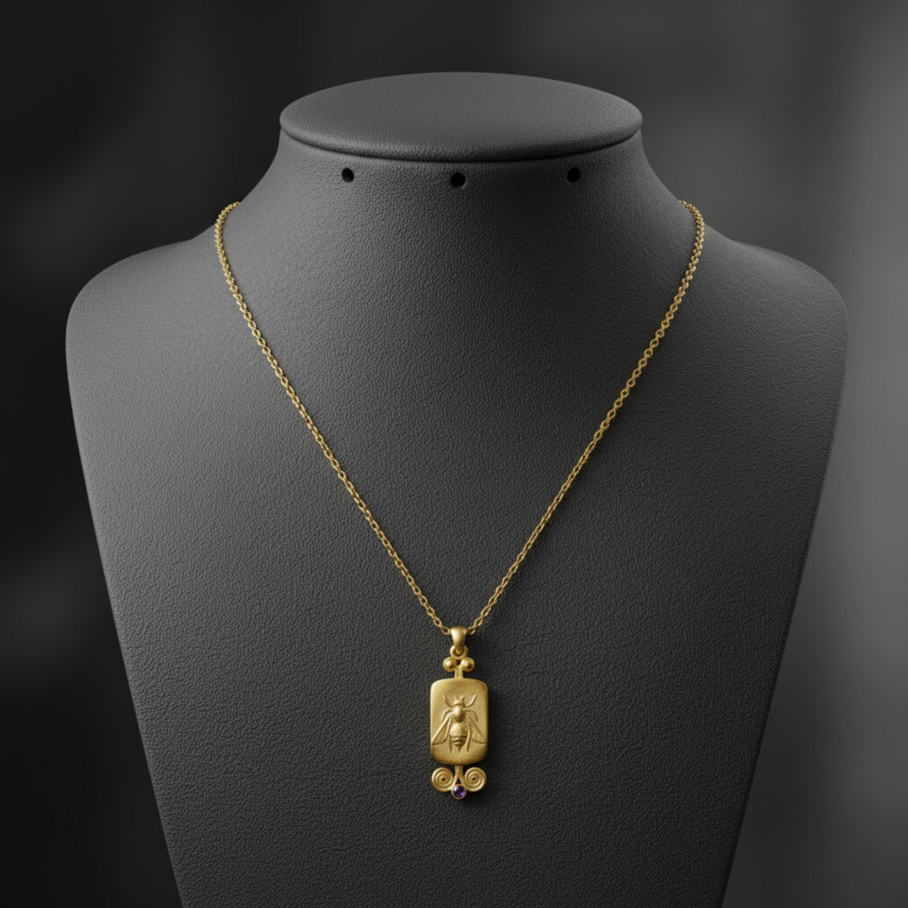 925 silver Bee Coin and Topaz necklace featuring ancient-inspired design by artisan Sultan, Bodrum Turkish jewelry with timeless elegance
