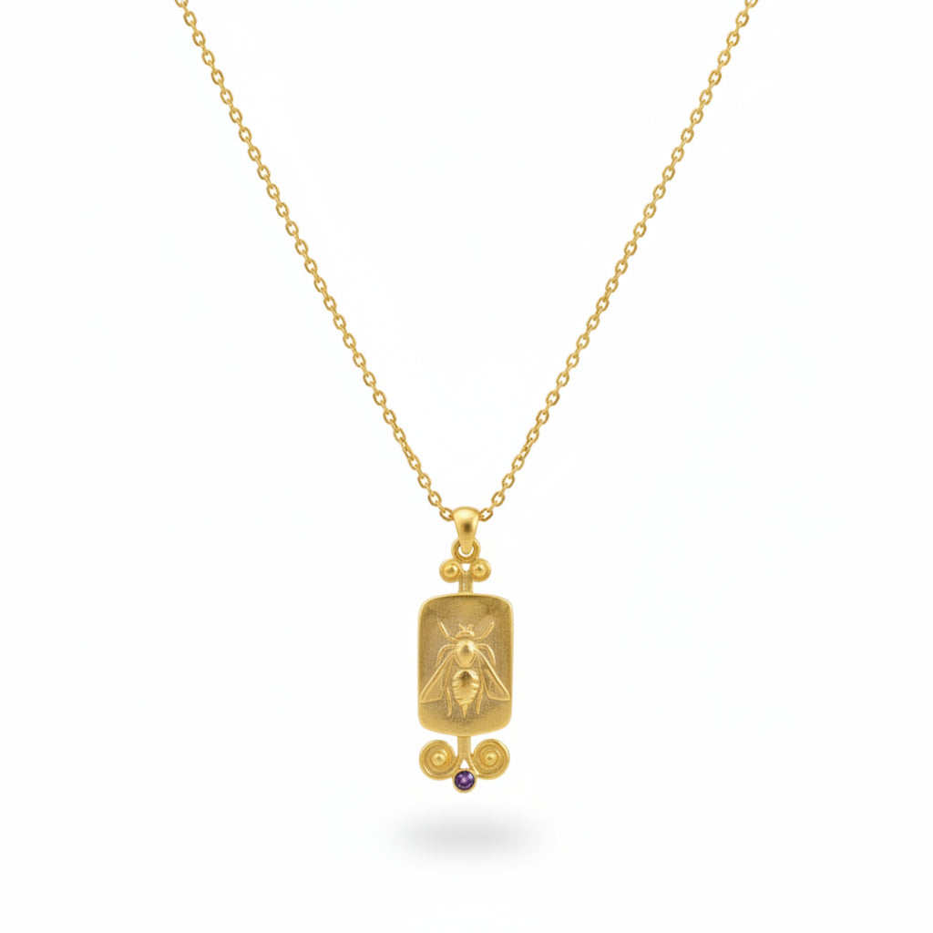 Gold bee coin necklace with amethyst handcrafted by Sultan Yılmaz in Bodrum - 925 sterling silver Turkish jewelry