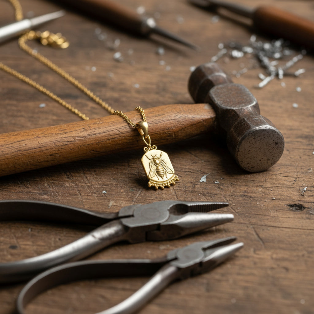 Gold bee coin necklace on model, 925 silver jewelry with ancient motif, perfect gift for women who love unique designer pieces
