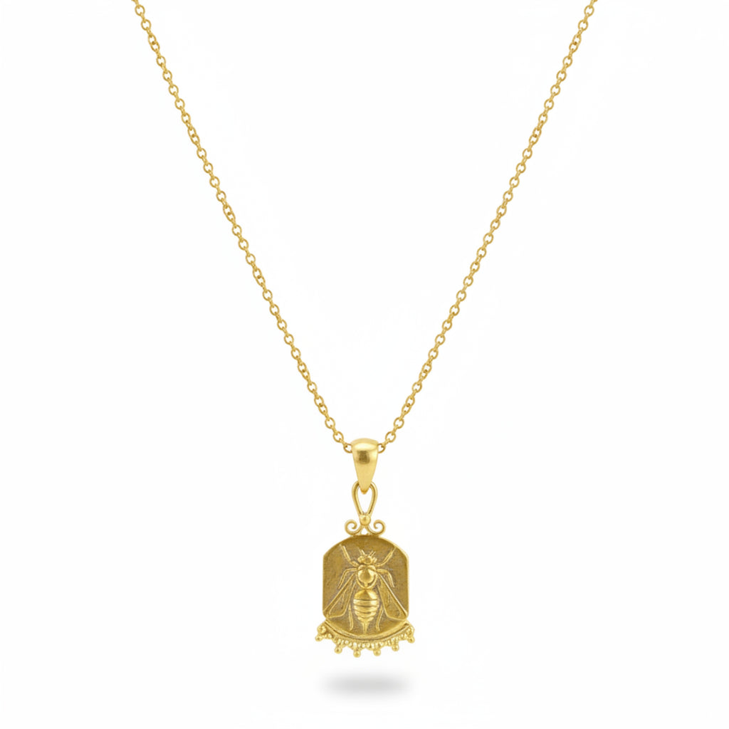 Handmade gold bee coin necklace by Sultan, 925 sterling silver with ancient Roman inspired design, symbol of diligence and productivity
