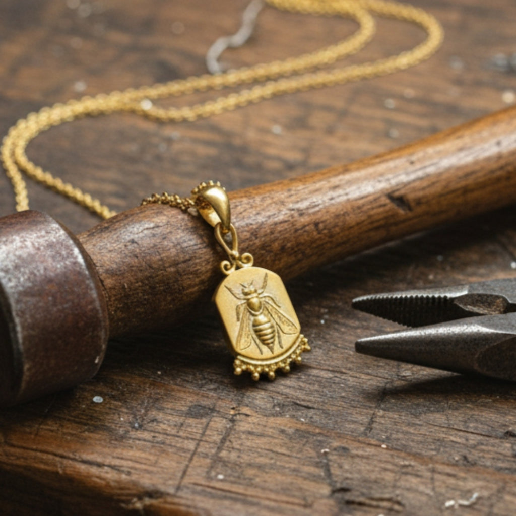 Designer gold bee necklace inspired by ancient civilizations, handcrafted 925 silver jewelry from Bodrum workshop
