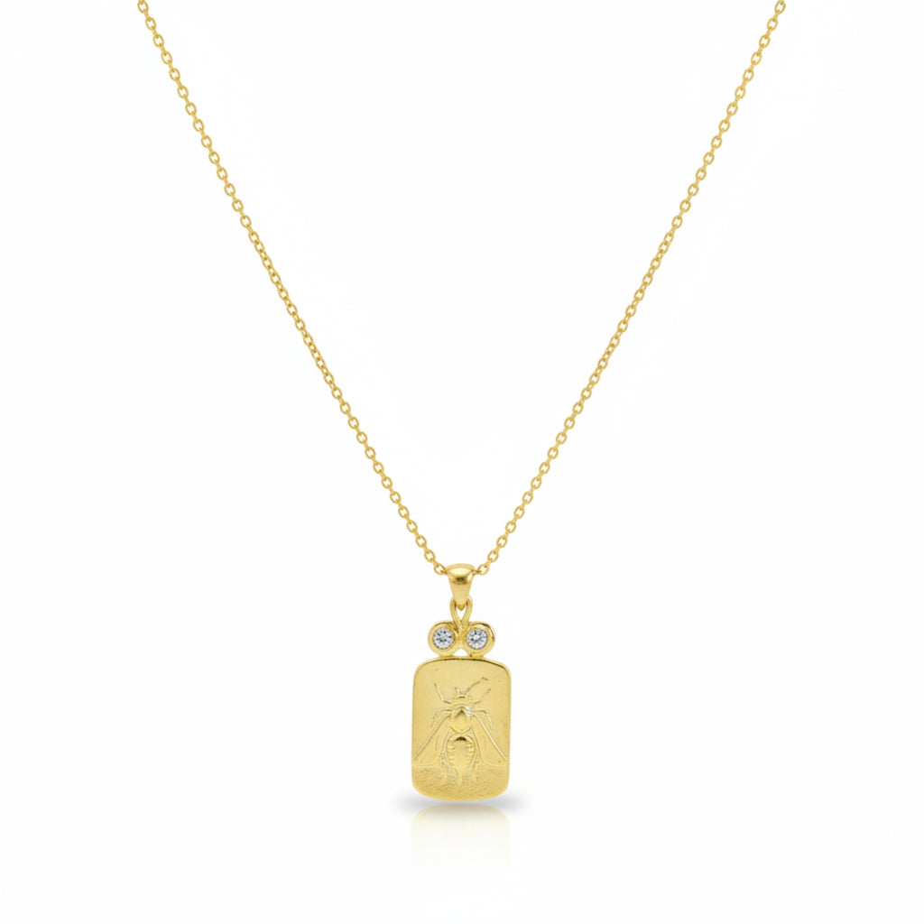 Gold bee coin necklace with white topaz handcrafted by Sultan Yılmaz in Bodrum - 925 sterling silver Turkish jewelry