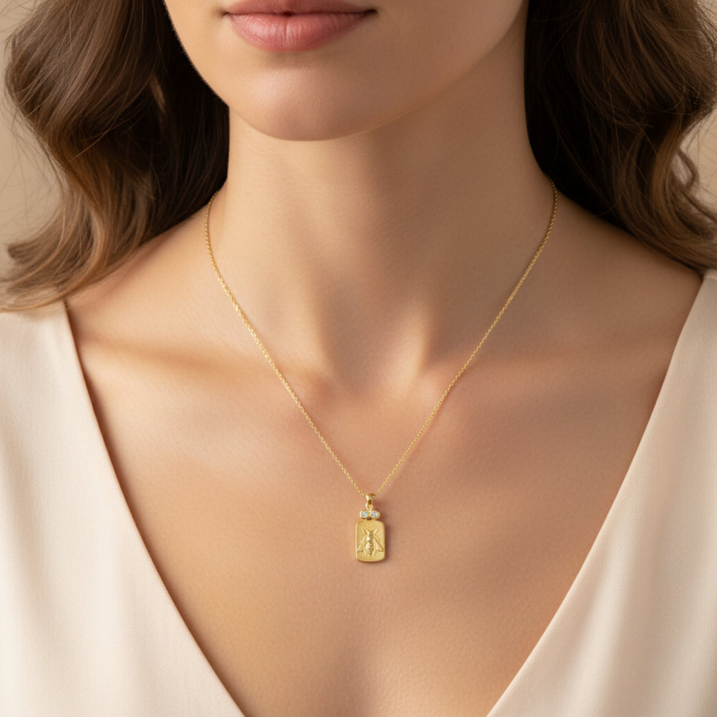 Turkish artisan bee necklace with white topaz gemstone - authentic handmade craftsmanship from Bodrum atelier