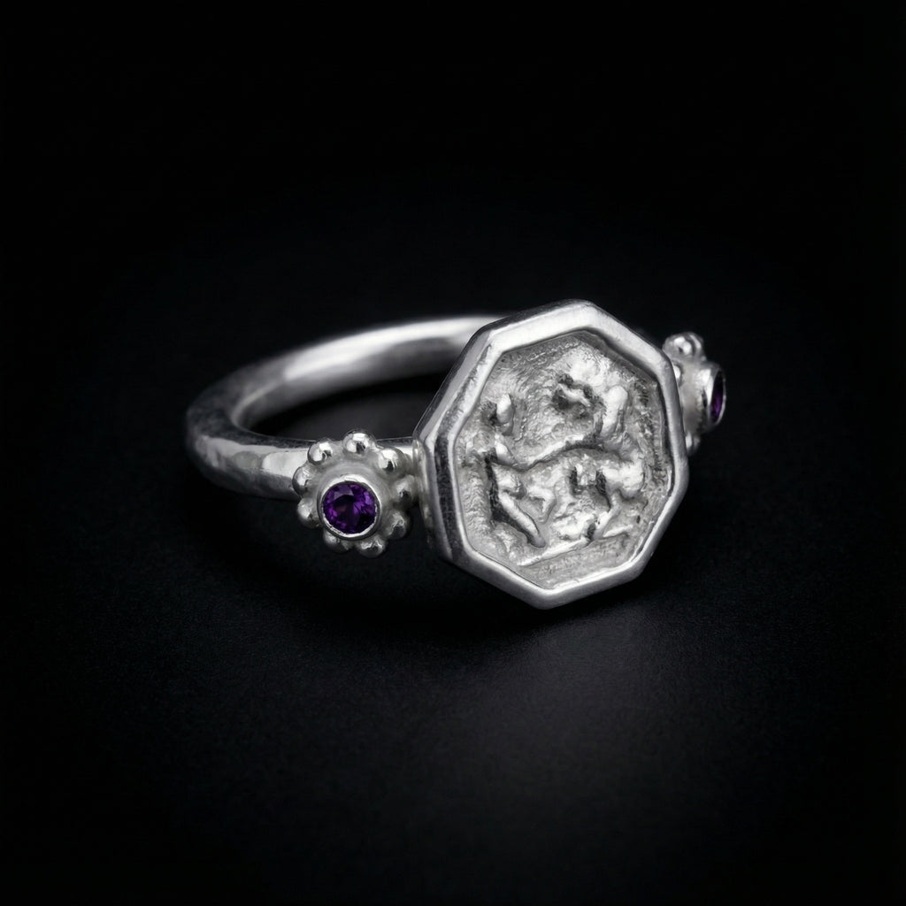 Roman coin ring on hand, unique artisan jewelry by Sultan, Bodrum atelier