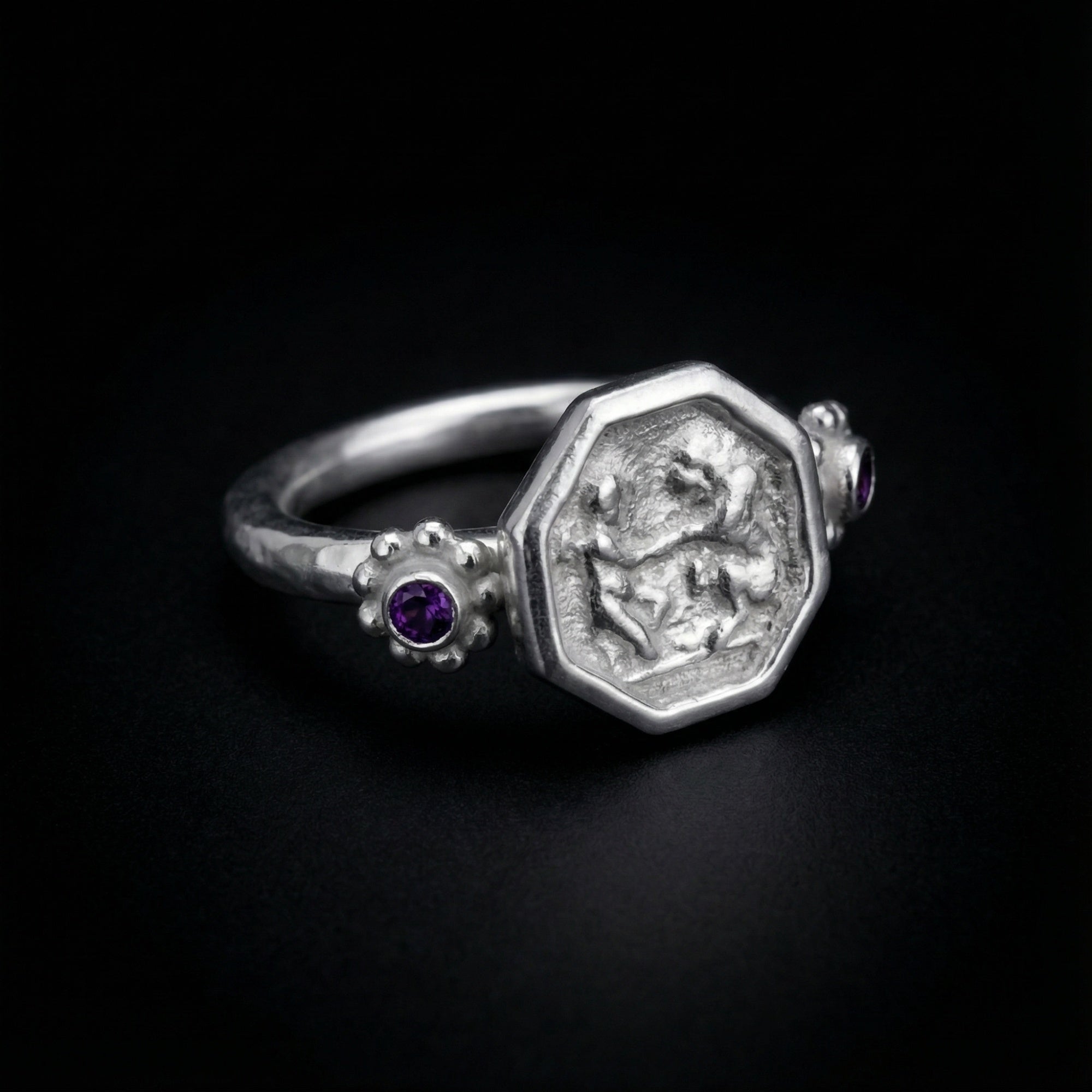 Roman coin ring on hand, unique artisan jewelry by Sultan, Bodrum atelier