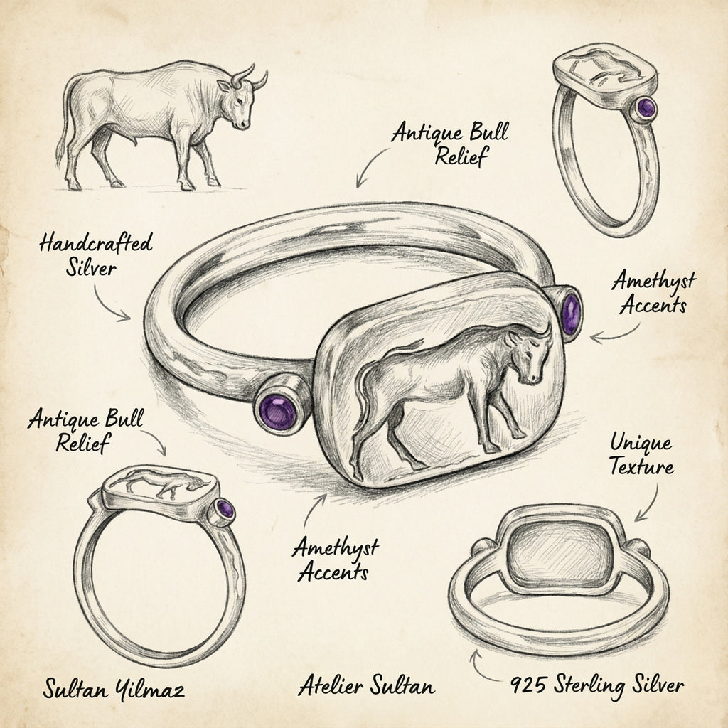  Sterling silver bull ring with bronze coin, strength symbol, 925 silver