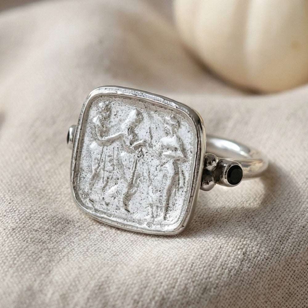  Sterling silver onyx ring with coin motif, 925 silver, Anatolian design
