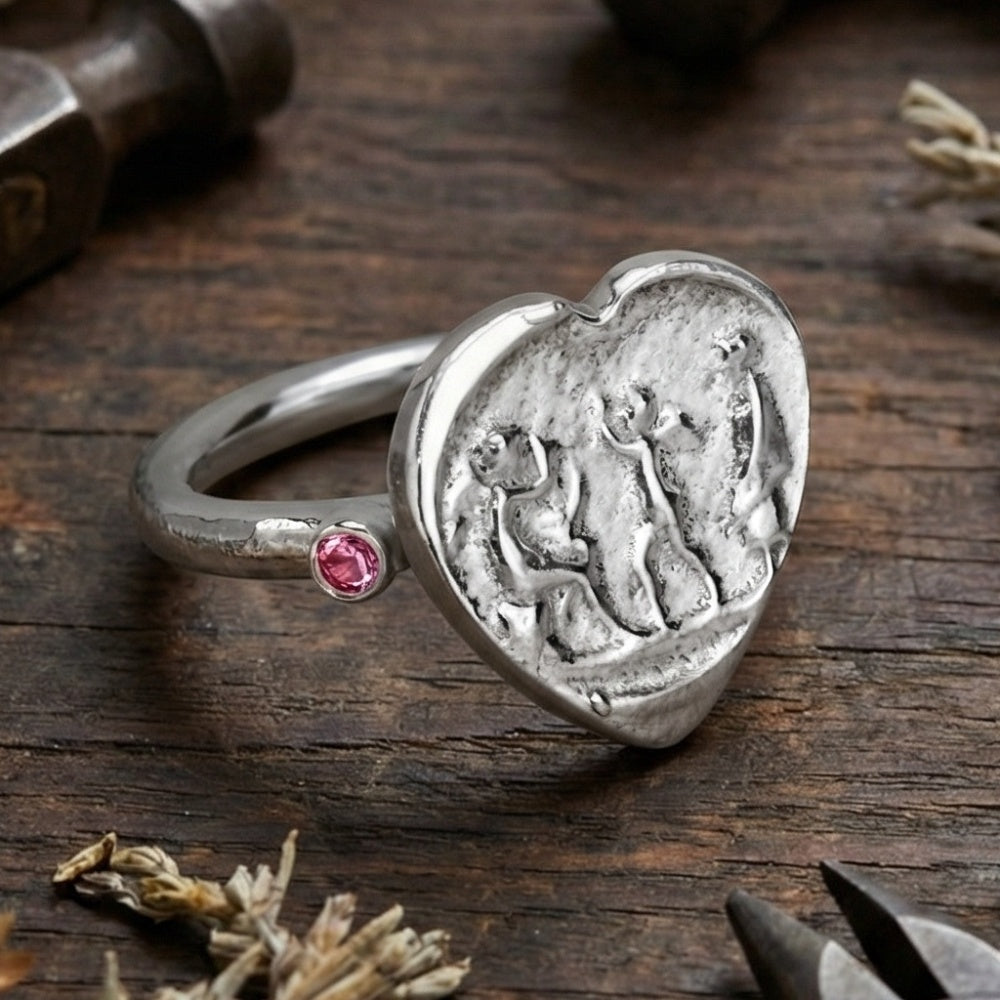 Turkish artisan pink topaz ring with ancient heart coin design, symbol of love and kindness