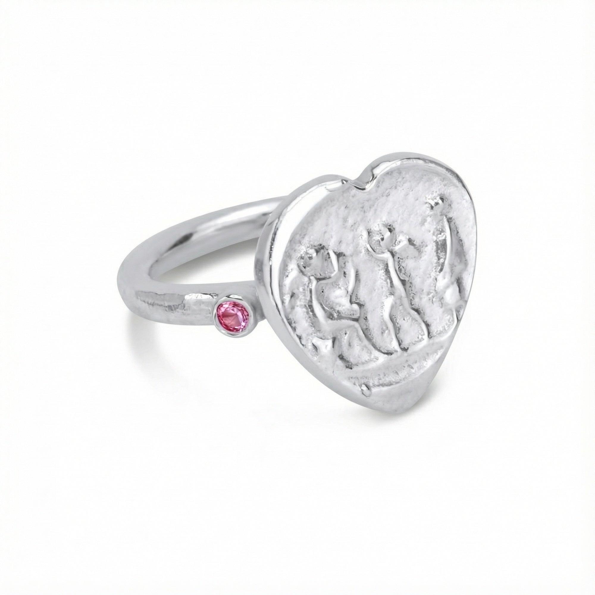 Handmade pink topaz heart coin ring in 925 sterling silver by designer Sultan, Bodrum atelier