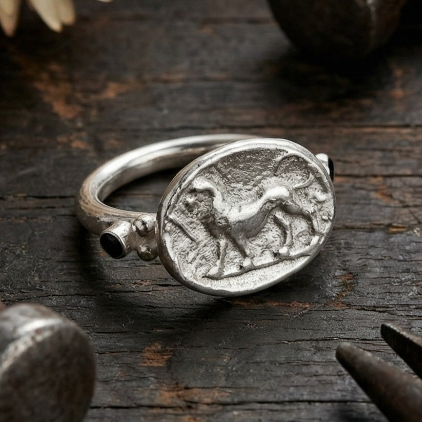 Ancient lion coin ring, onyx topaz stones, modern elegance