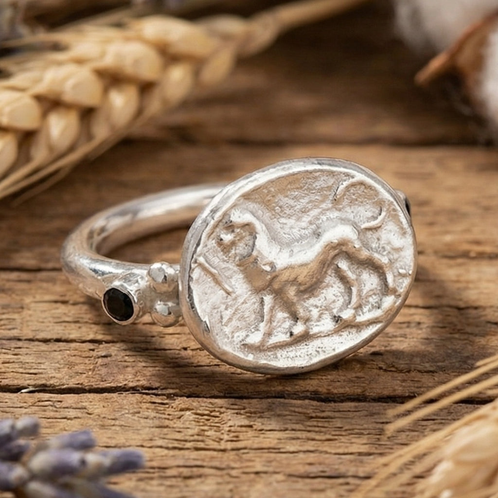  Sterling silver lion ring, ancient world design, protection authority