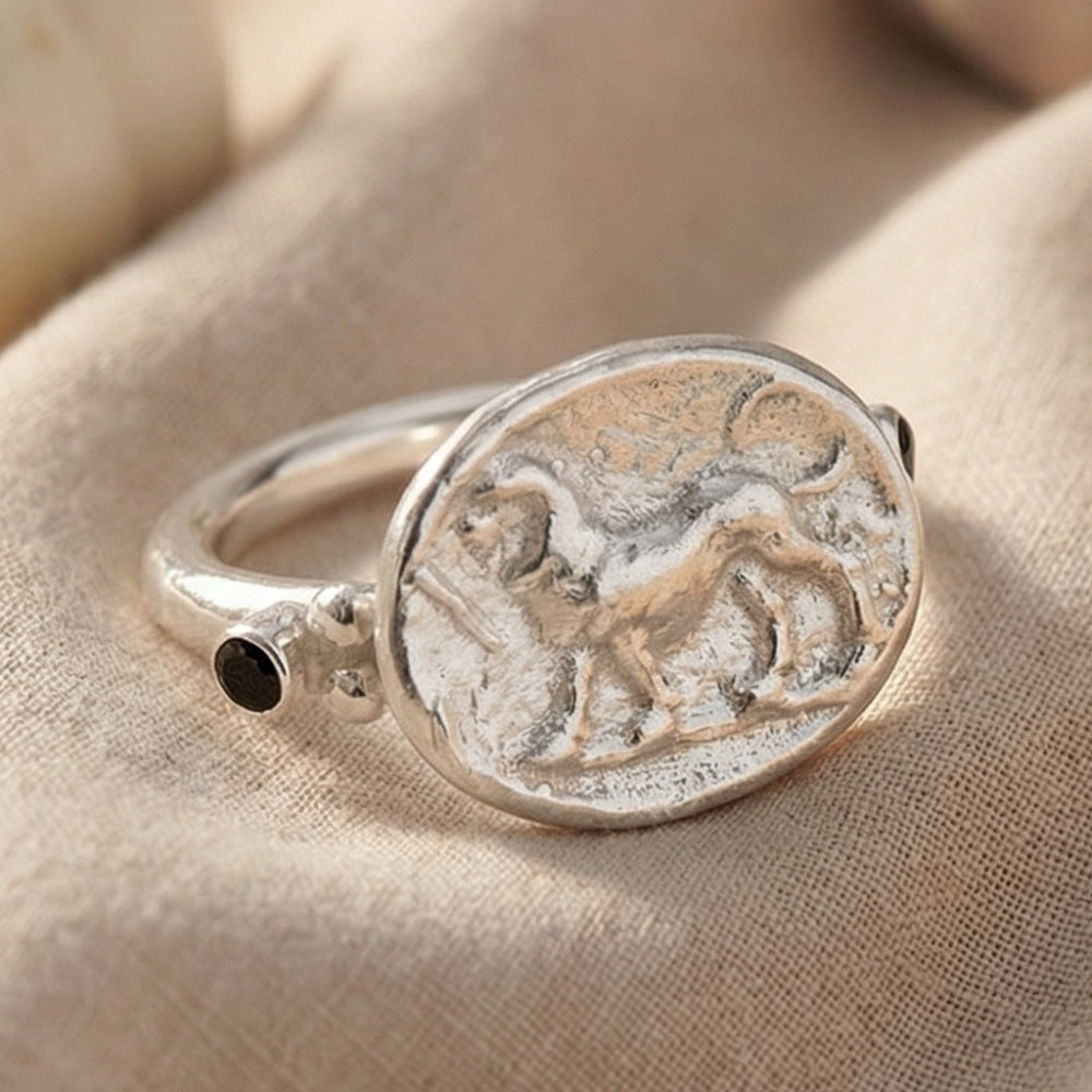  Lion coin ring with gemstones, unique spirit, Turkish craftsmanship