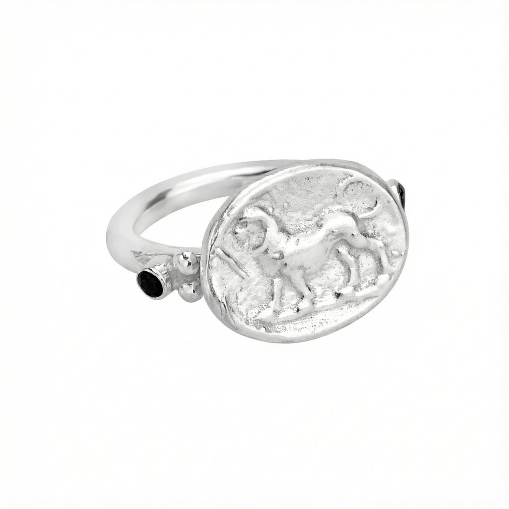 Handmade lion coin ring by Sultan Yılmaz, 925 sterling silver, Bodrum