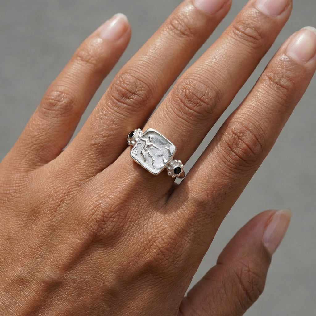 Turkish warrior coin ring detail, artisan jewelry, courage symbol