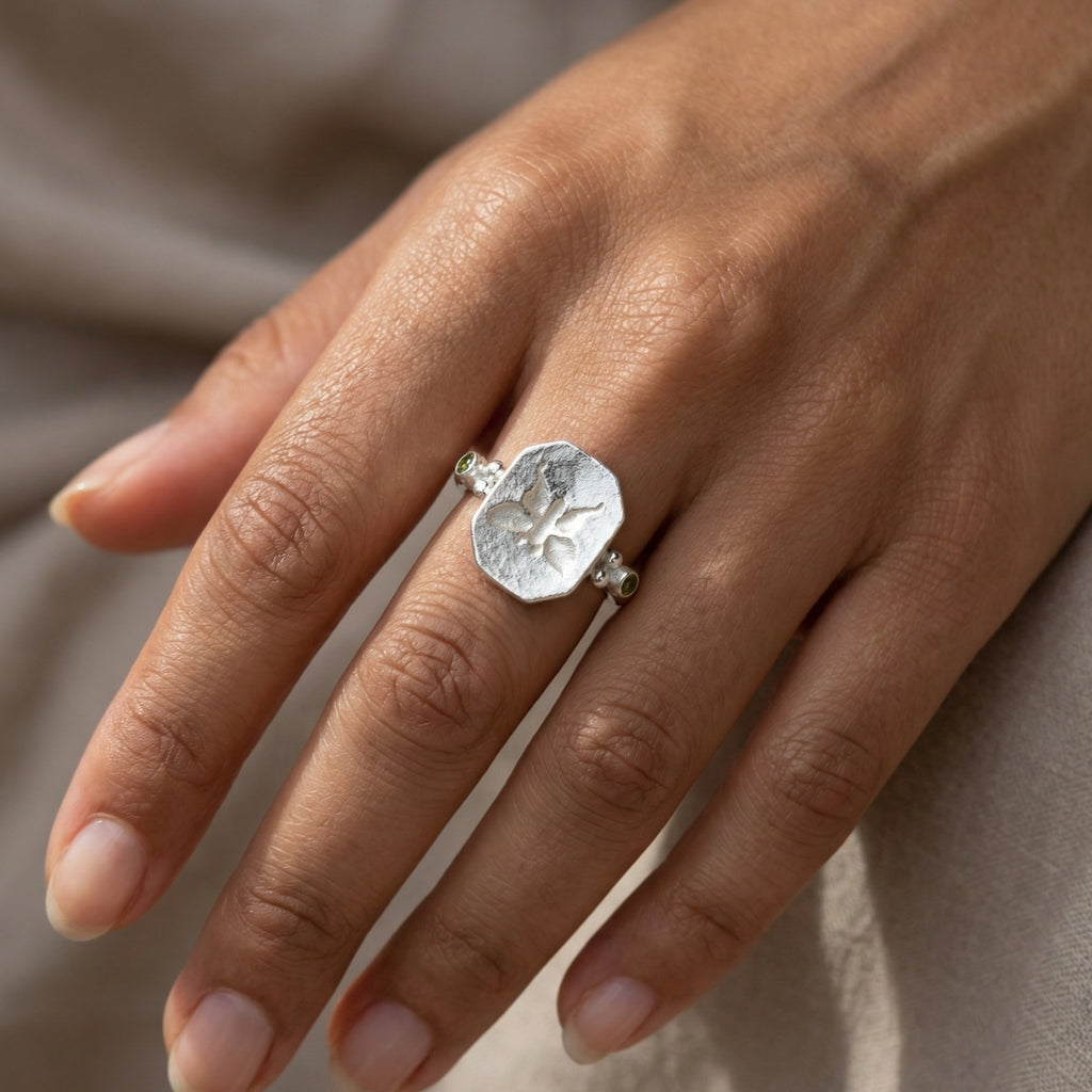  Sterling silver butterfly ring with peridot, 925 silver, transformation symbol