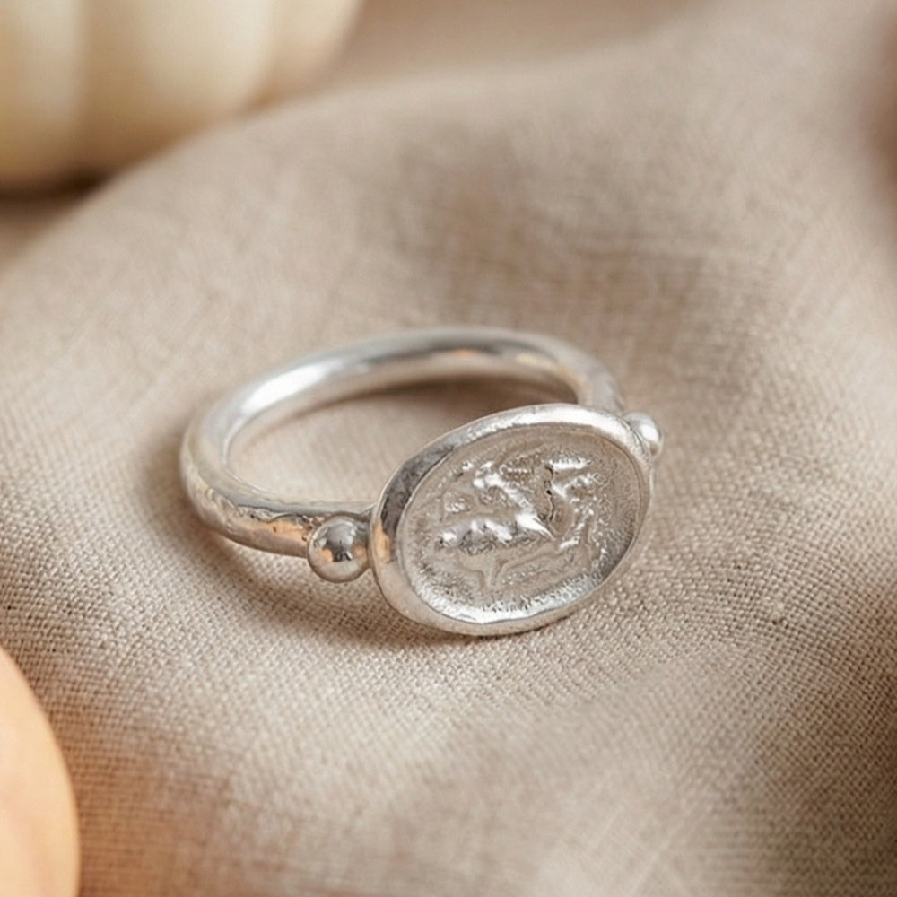 Roman warrior coin ring on hand, unique artisan jewelry, Bodrum atelier