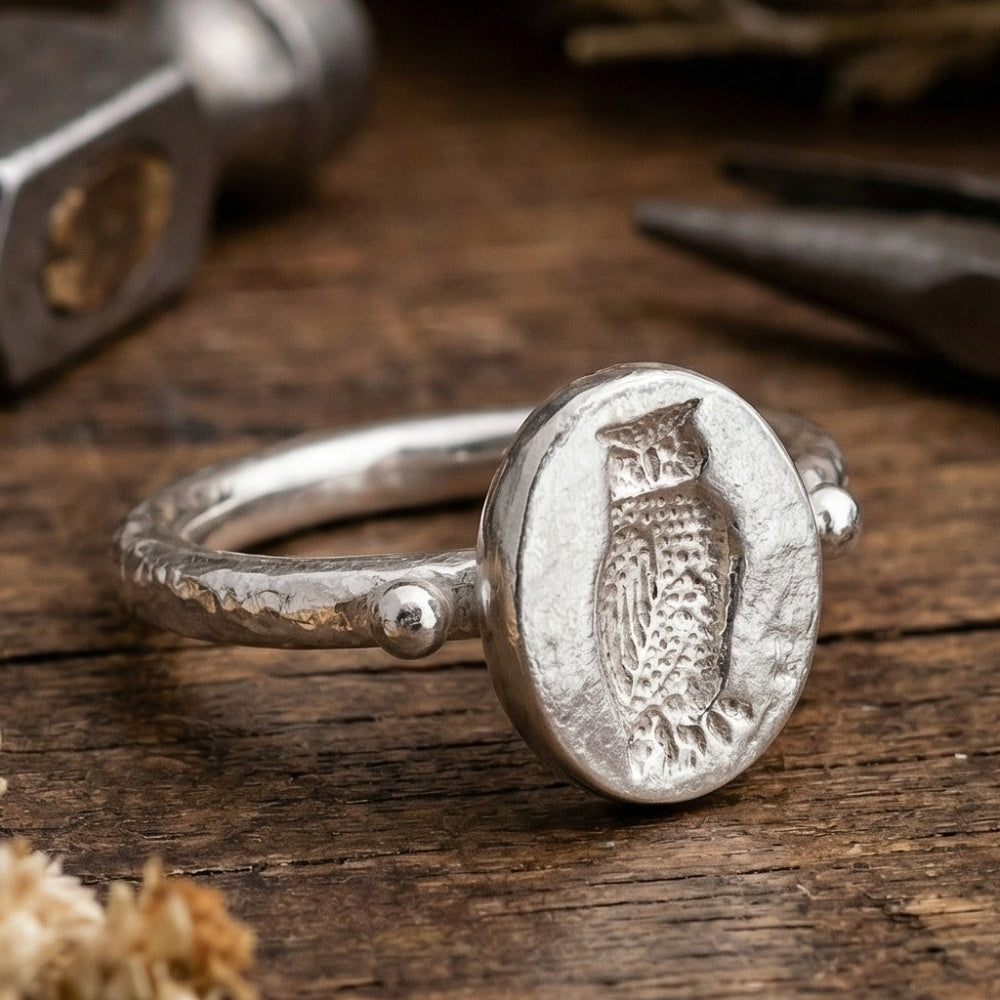 Owl coin ring on hand, unique artisan jewelry, Bodrum atelier
