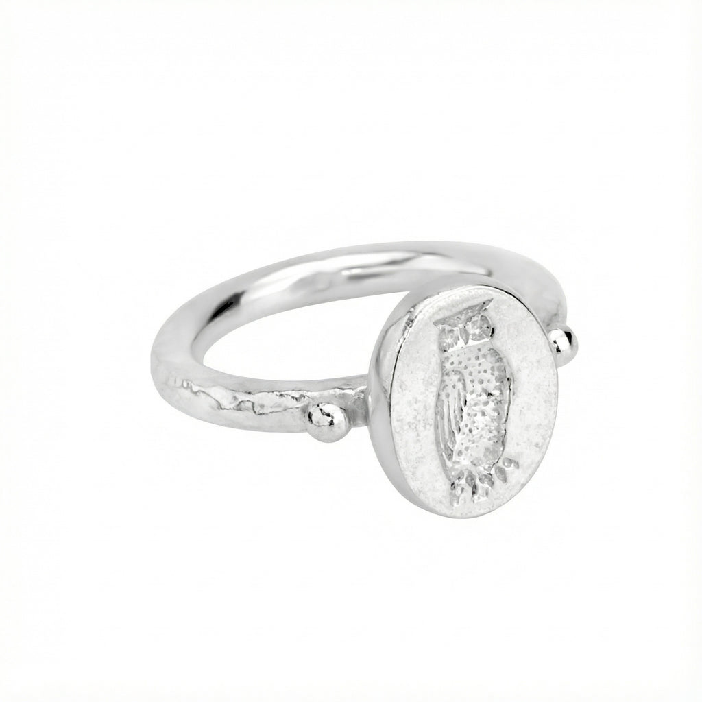 Handmade owl coin ring by Sultan Yılmaz, 925 sterling silver, Bodrum